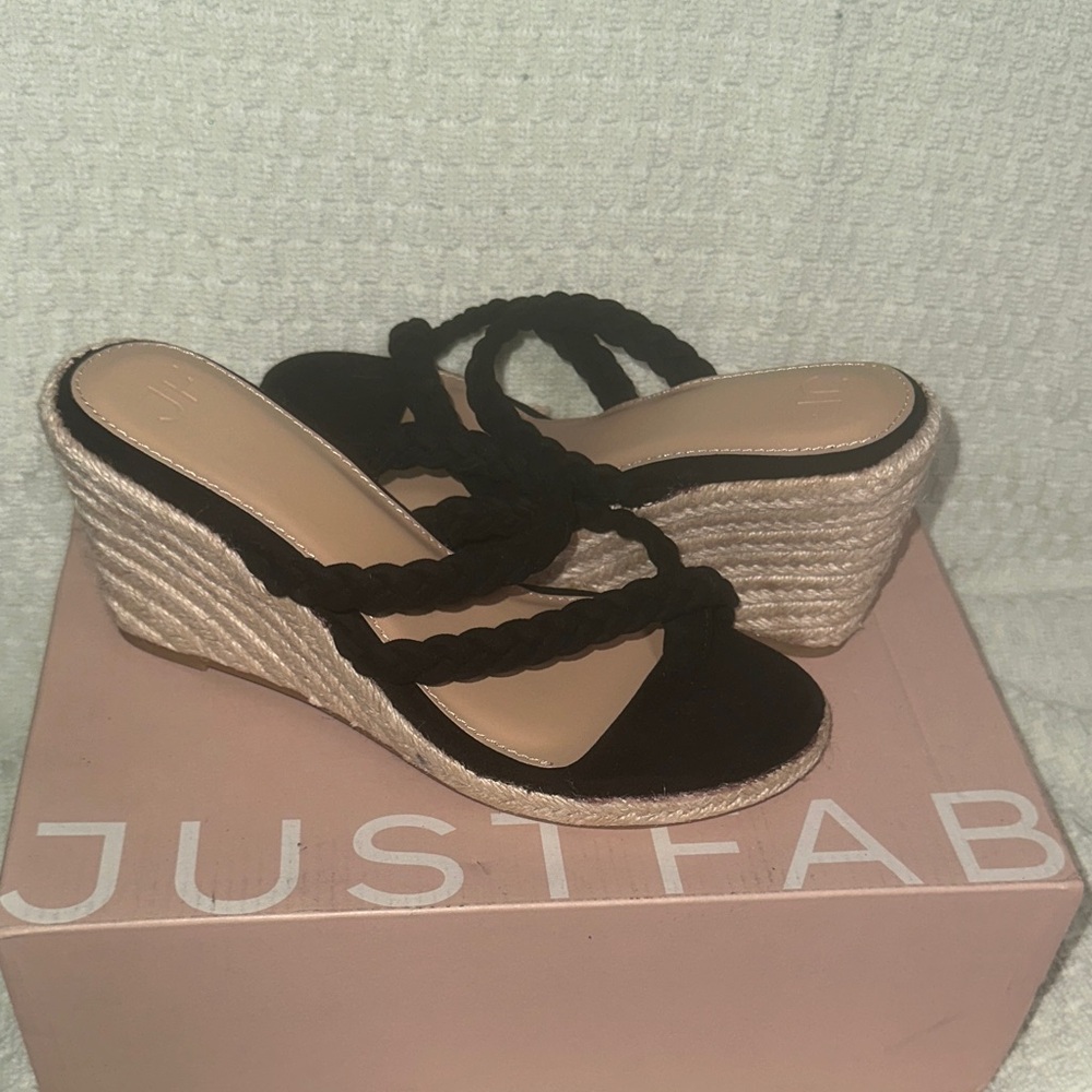JustFab Black and Tan Wedge Sandals